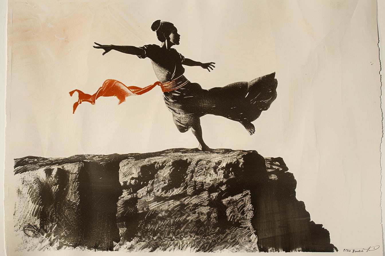 Engraving: a dancer mid-lunge on a cliff edge, orange sash streaming