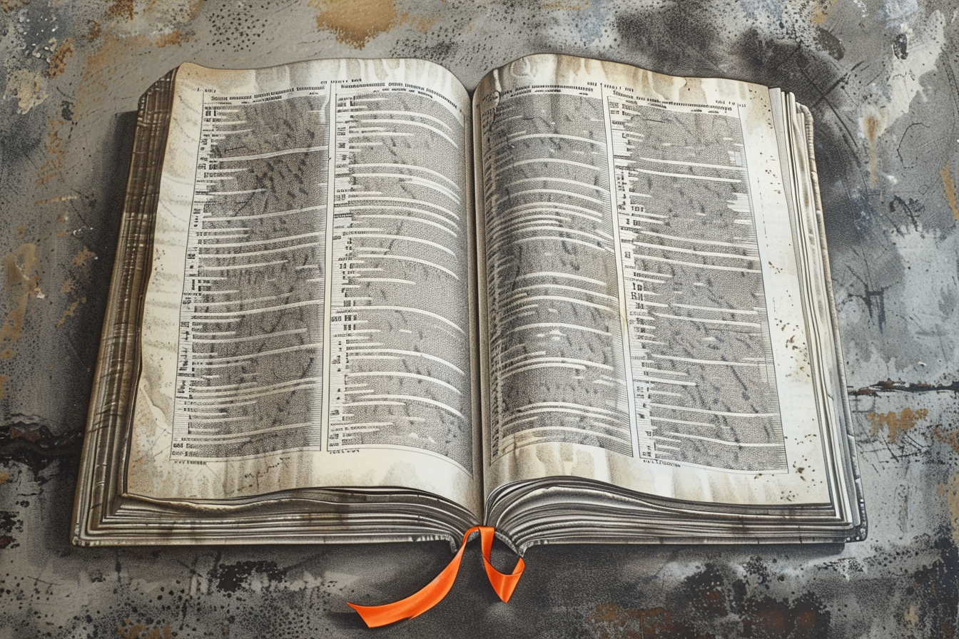 Engraving: an open ledger of ruled records with an orange ribbon marker