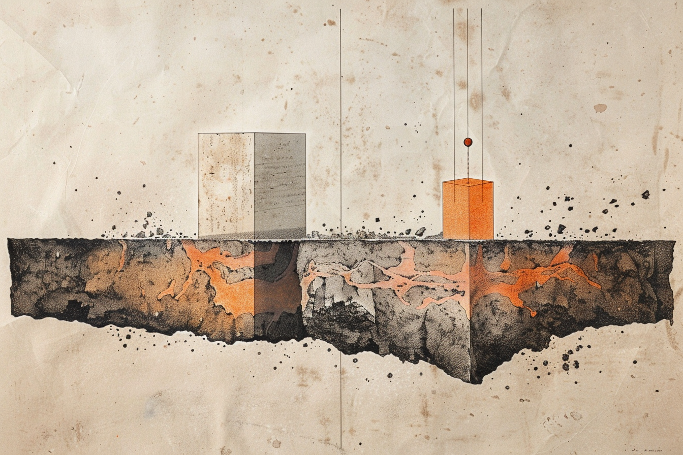 Engraving: architectural cross-section of two grounds, one footing set in orange strata